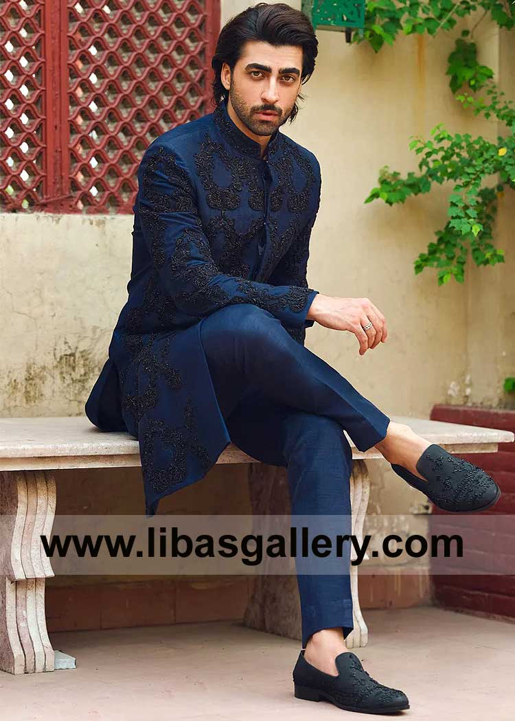 Dashing Navy blue Men sherwani with Black Embroidery Pattern