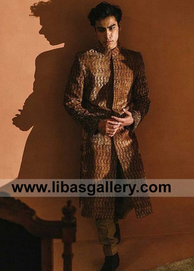 Timeless Copper Color Velvet Men Sherwani heavy hand embellished for Nikah Modern Charm paired with Inner Shirt Trouser Timeless Copper Color Velvet Men Sherwani heavy hand embellished for Nikah Modern Charm paired with Inner Shirt Trouser