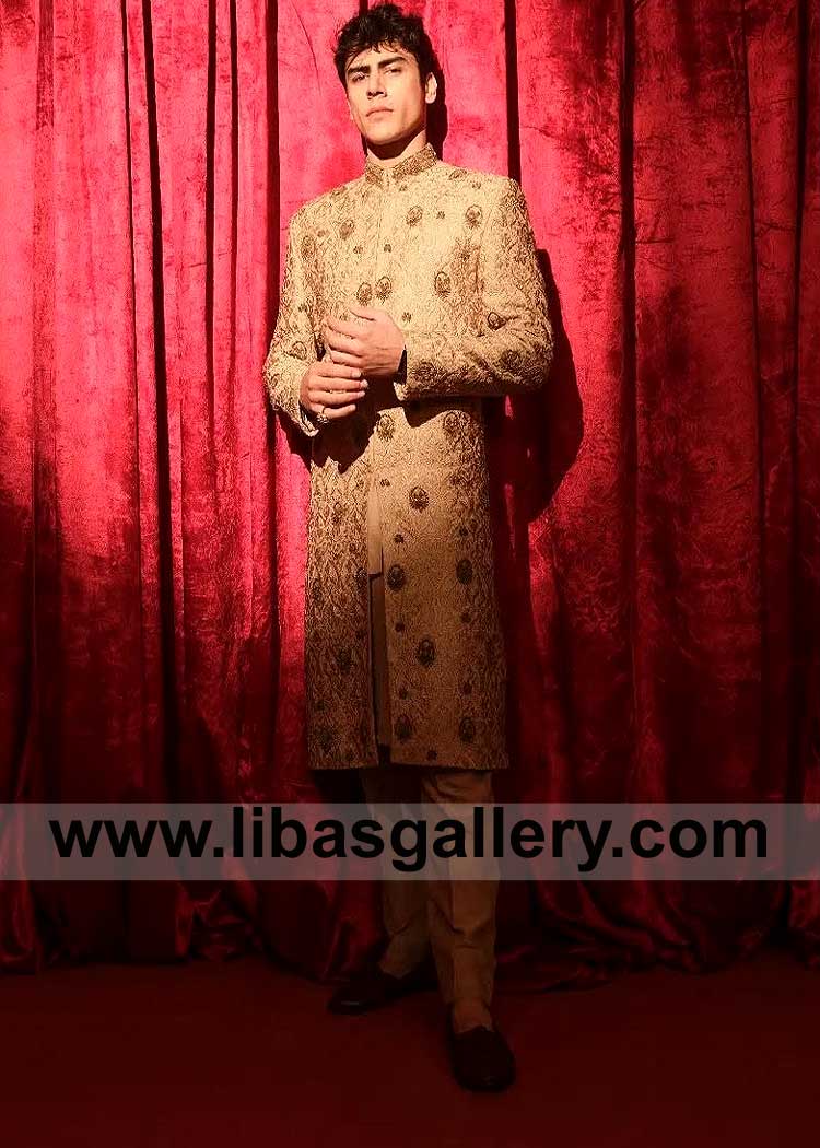 Genuine Gold Stylish Sherwani for Men Nikah with elegance