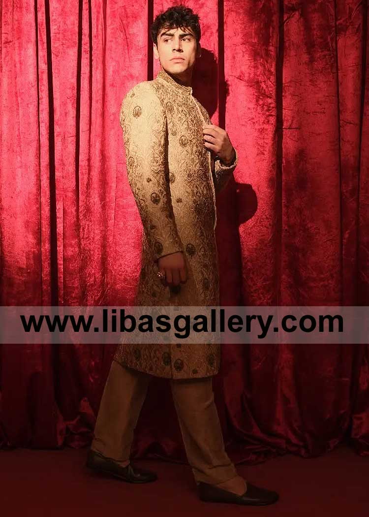 Genuine Gold Stylish Sherwani for Men Nikah with elegance