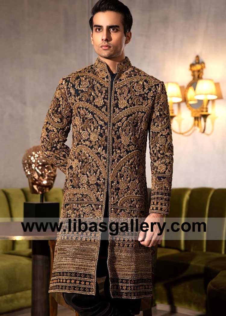 Black Gold Raw Silk embellished Men Wedding Sherwani Style