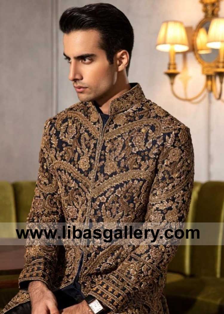 Black Gold Raw Silk embellished Men Wedding Sherwani Style