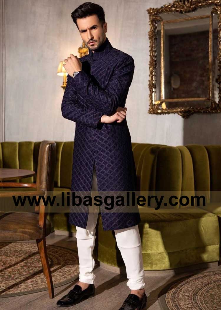 Dynamic Deep Blue Raw Silk Men Nikah Sherwani