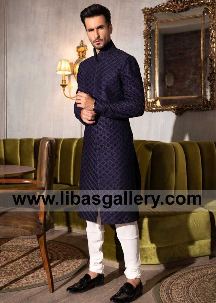 Dynamic Deep Blue Raw Silk Men Nikah Sherwani