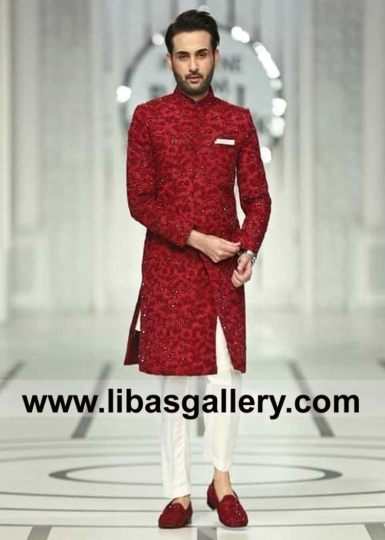 Maroon Hand Embellished Groom Nikah Sherwani Style