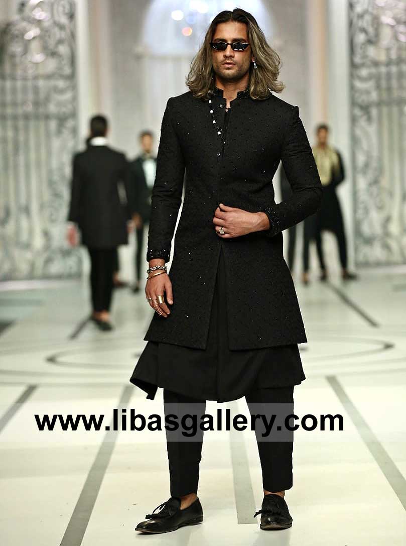Black Embroidered Sherwani with less over lapping Panel Style