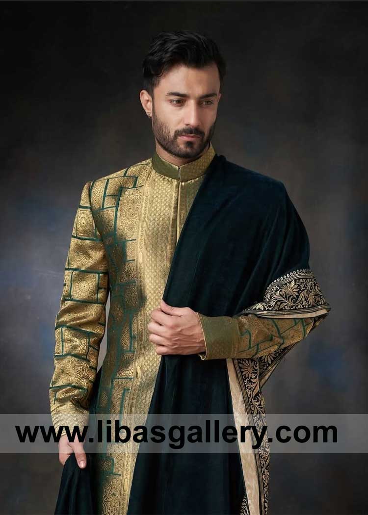 Gold Embroidered Wedding Sherwani Style for Nikah