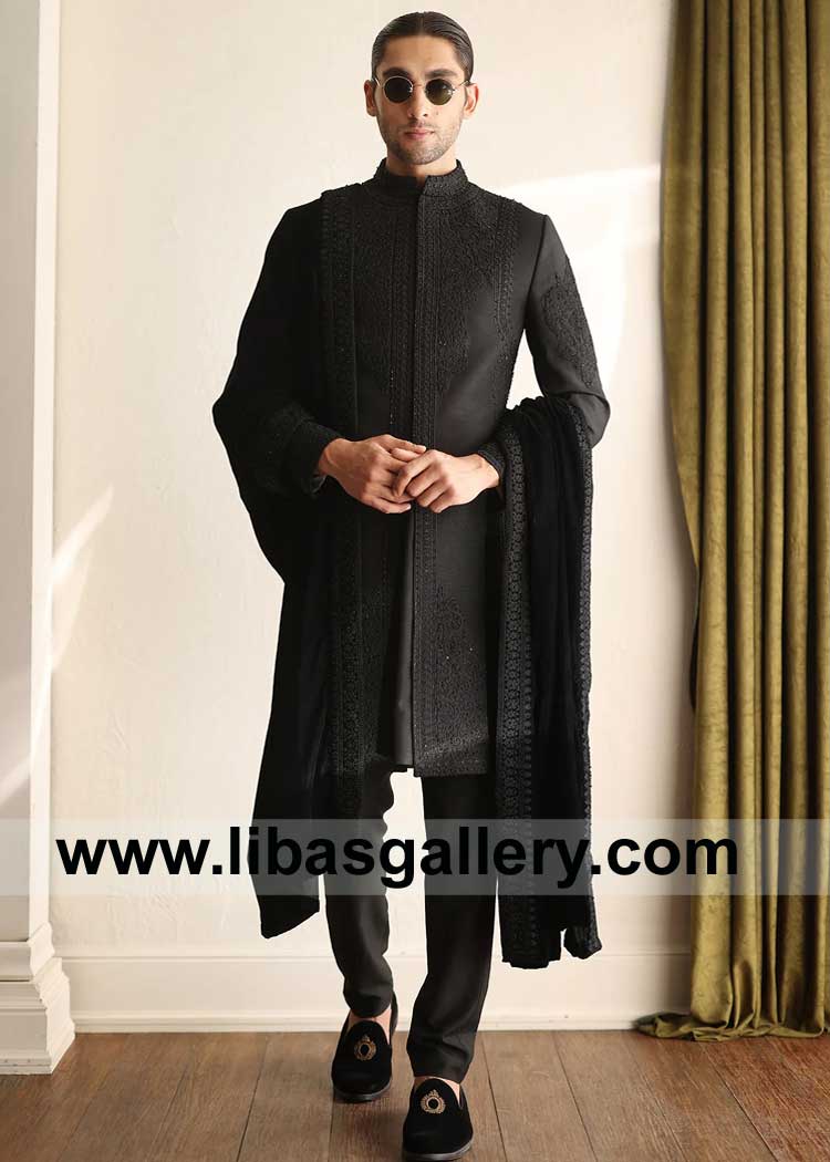 luxury Groom Wear Self embroidered Black Sherwani Style