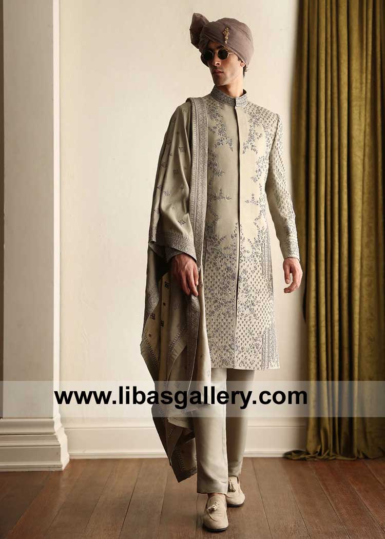 light Olive Embellished Wedding Sherwani for Charming Groom