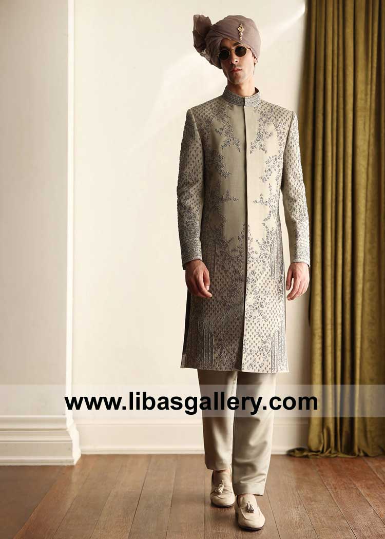 light Olive Embellished Wedding Sherwani for Charming Groom