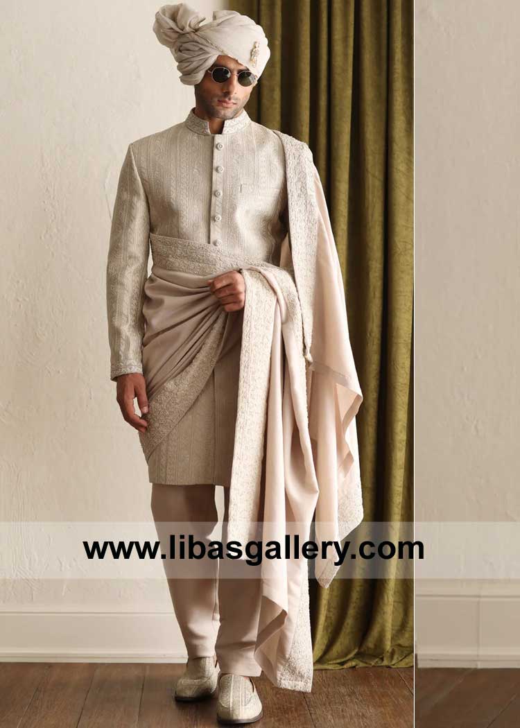 light Beige Self Embroidered Groom Wedding Sherwani