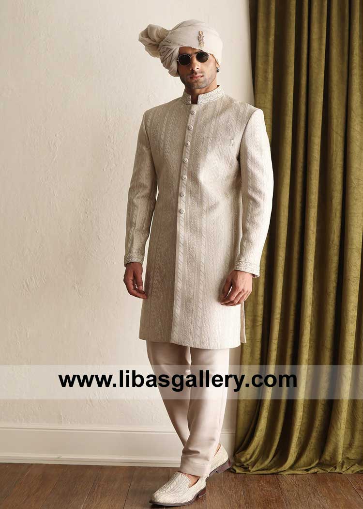 light Beige Self Embroidered Groom Wedding Sherwani