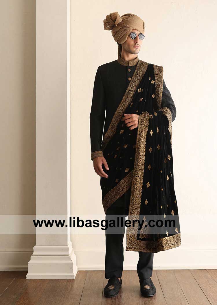Buy Black Self Embroidered Wedding Sherwani Design for Dapper Groom compliment with matching inner and Groom Velvet Shawl Embroidered Dubai UK USA Buy Black Self Embroidered Wedding Sherwani Design for Dapper Groom compliment with matching inner and Groom Velvet Shawl Embroidered Dubai UK USA