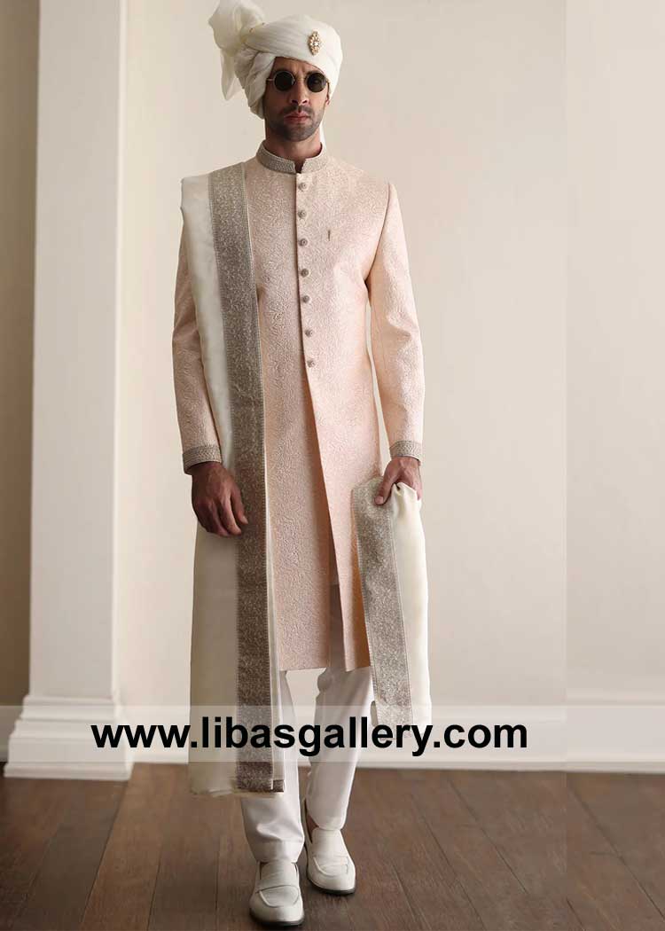 Powder Pink Heavy Embroidered Groom Sherwani