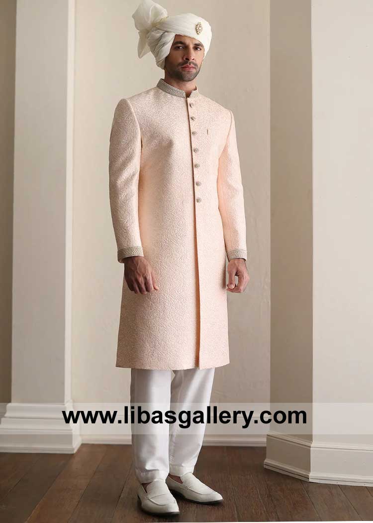 Powder Pink Heavy Embroidered Groom Sherwani