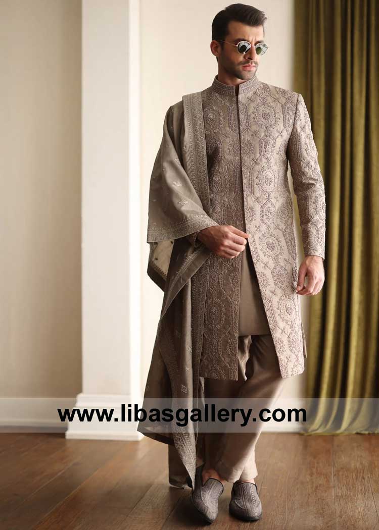 Taupe hand embellished Wedding Sherwani for Groom Nikah Ceremony