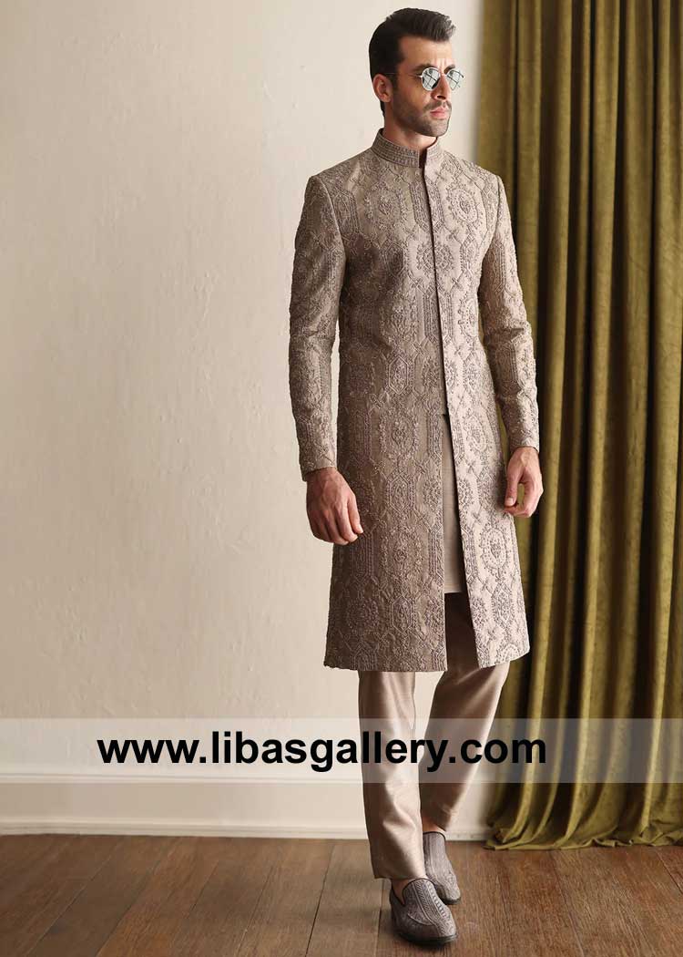 Taupe hand embellished Wedding Sherwani for Groom Nikah Ceremony