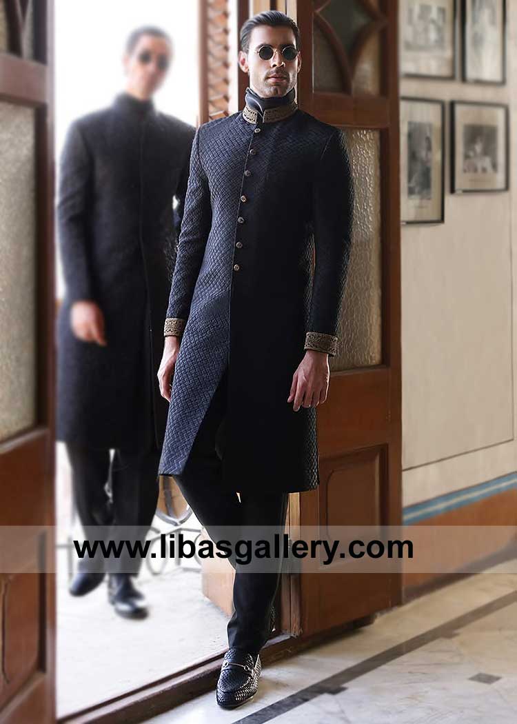 Black Cross line Embroidered Pattern Men Wedding Sherwani