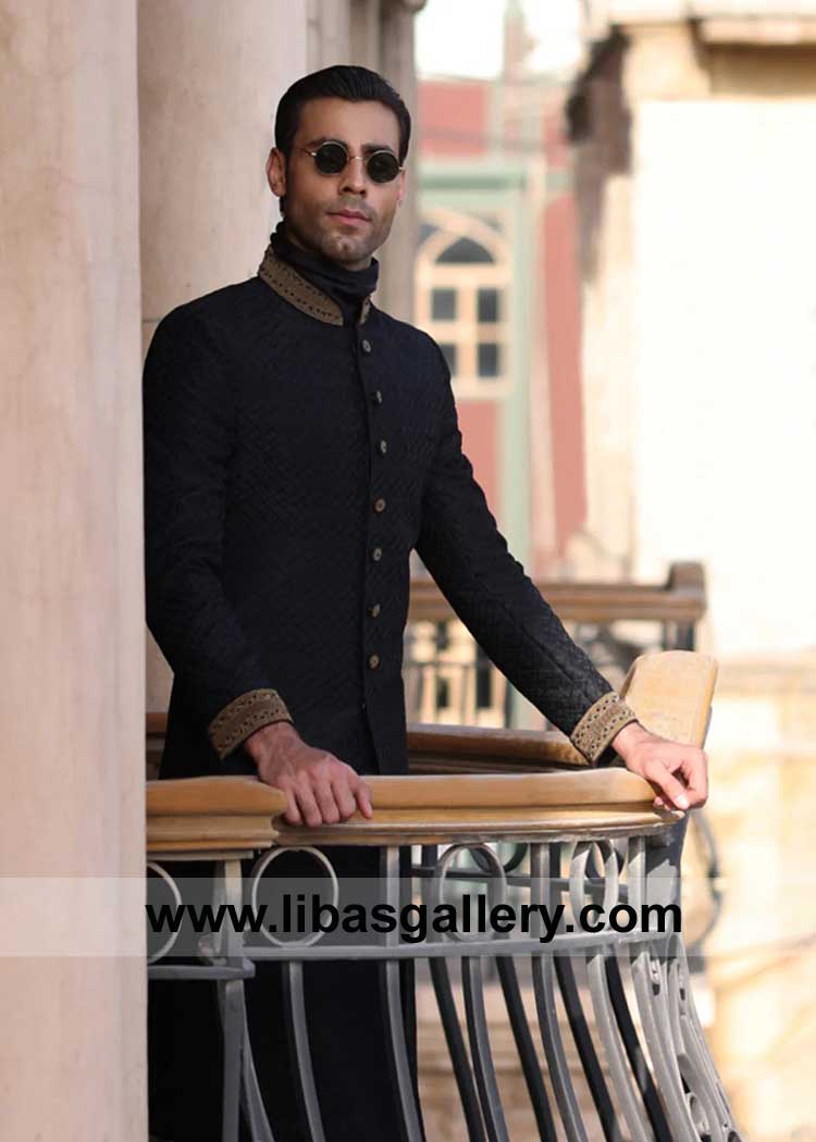 Black Cross line Embroidered Pattern Men Wedding Sherwani