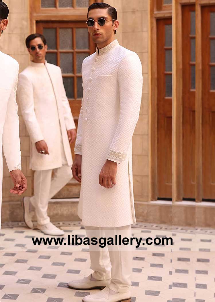 White Cross line Embroidered Groom Wedding Sherwani