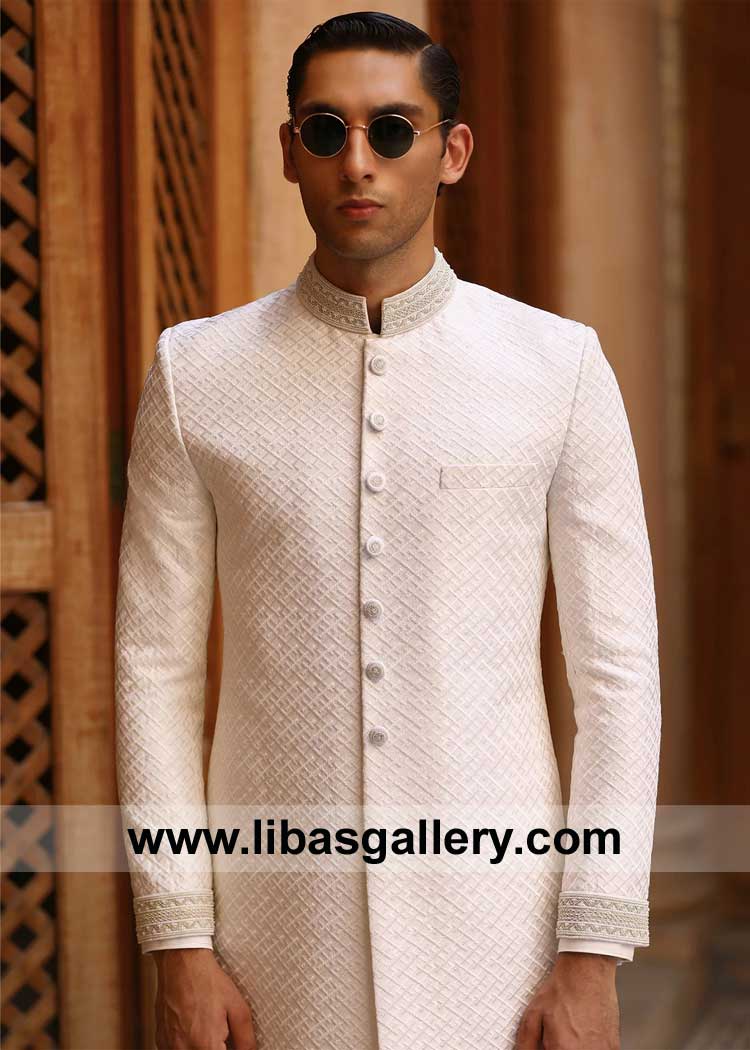 White Cross line Embroidered Groom Wedding Sherwani