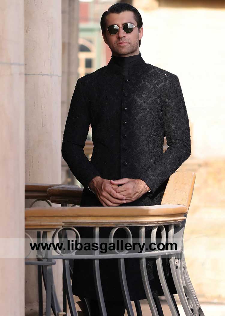 Black Refined Self embellished Groom Wedding Sherwani Style