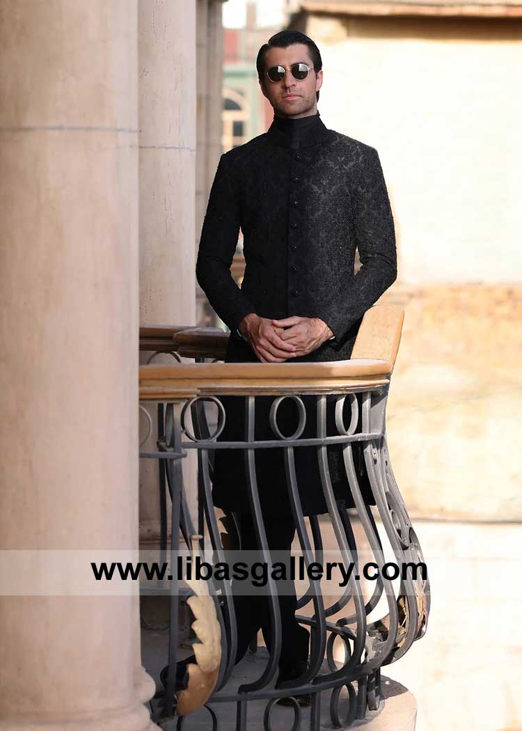 Black Refined Self embellished Groom Wedding Sherwani Style