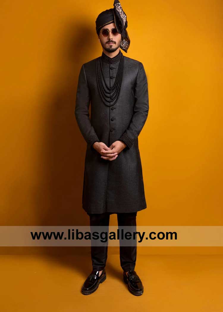 Magnificent SELF WEAVED CLASSIC BLACK SHERWANI for Groom