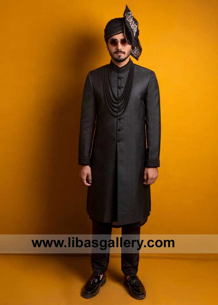 Magnificent SELF WEAVED CLASSIC BLACK SHERWANI for Groom