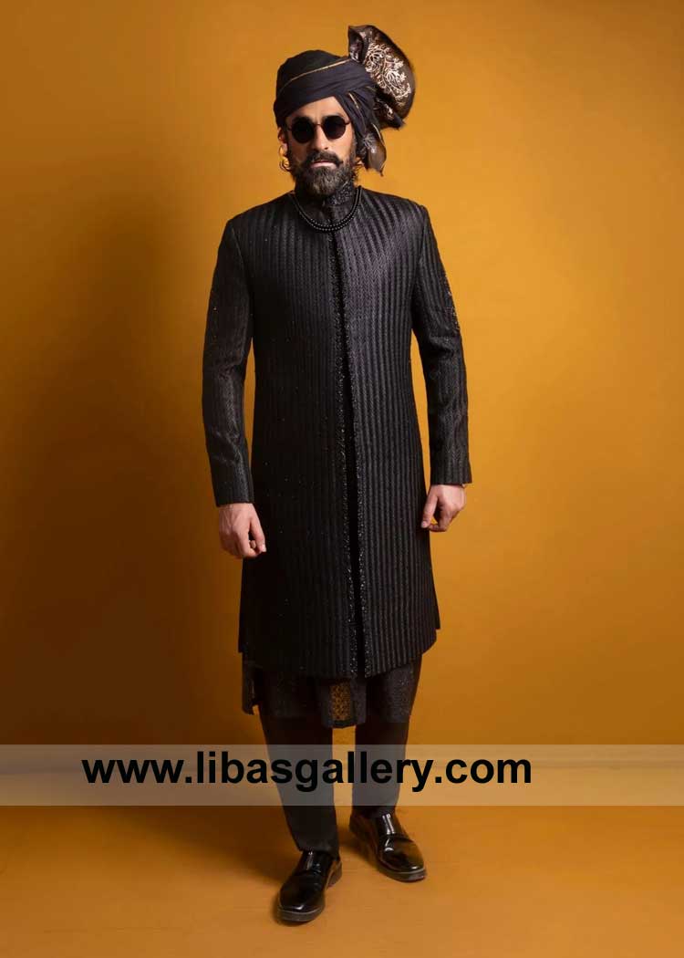 DRAPED BLACK SHERWANI masterpiece of opulent elegance