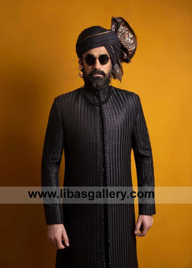 DRAPED BLACK SHERWANI masterpiece of opulent elegance