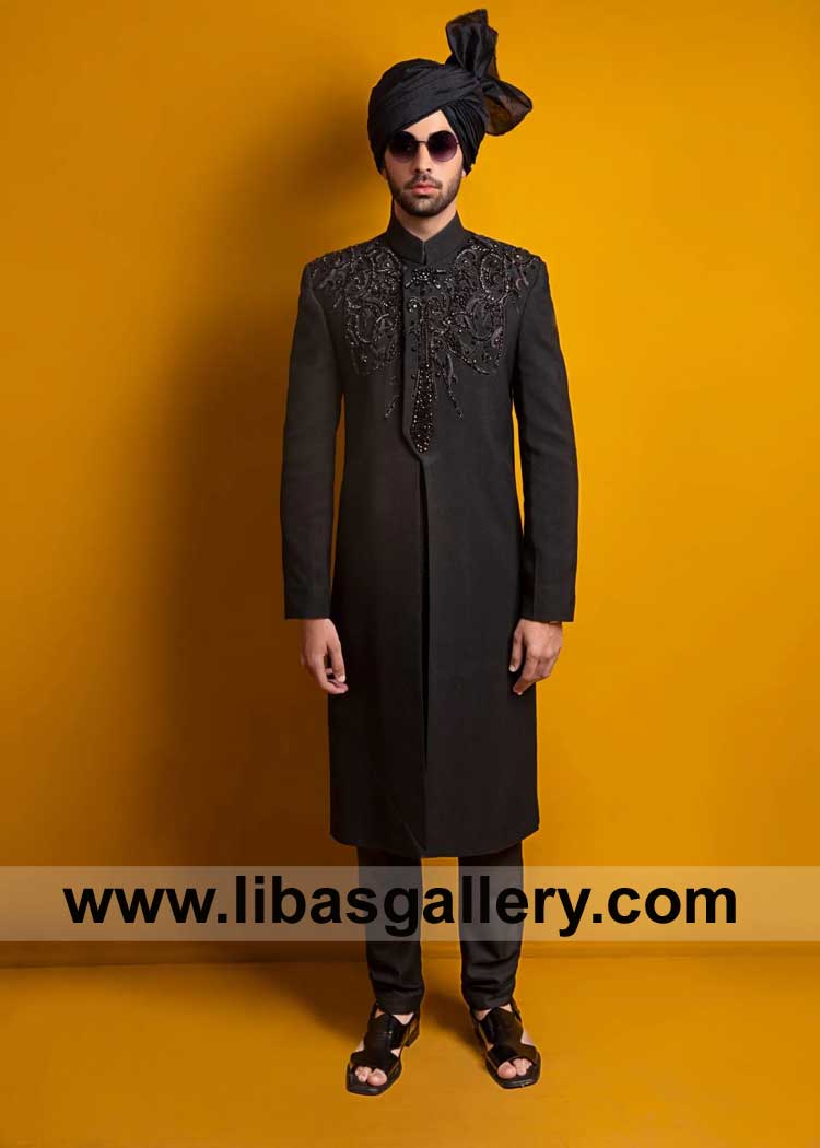 BLACK SHERWANI expertly crafted by Artisans for Groom Nikah day