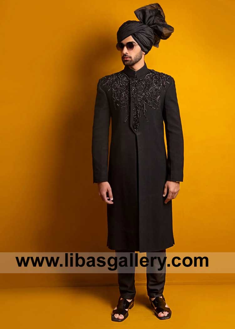 BLACK SHERWANI expertly crafted by Artisans for Groom Nikah day