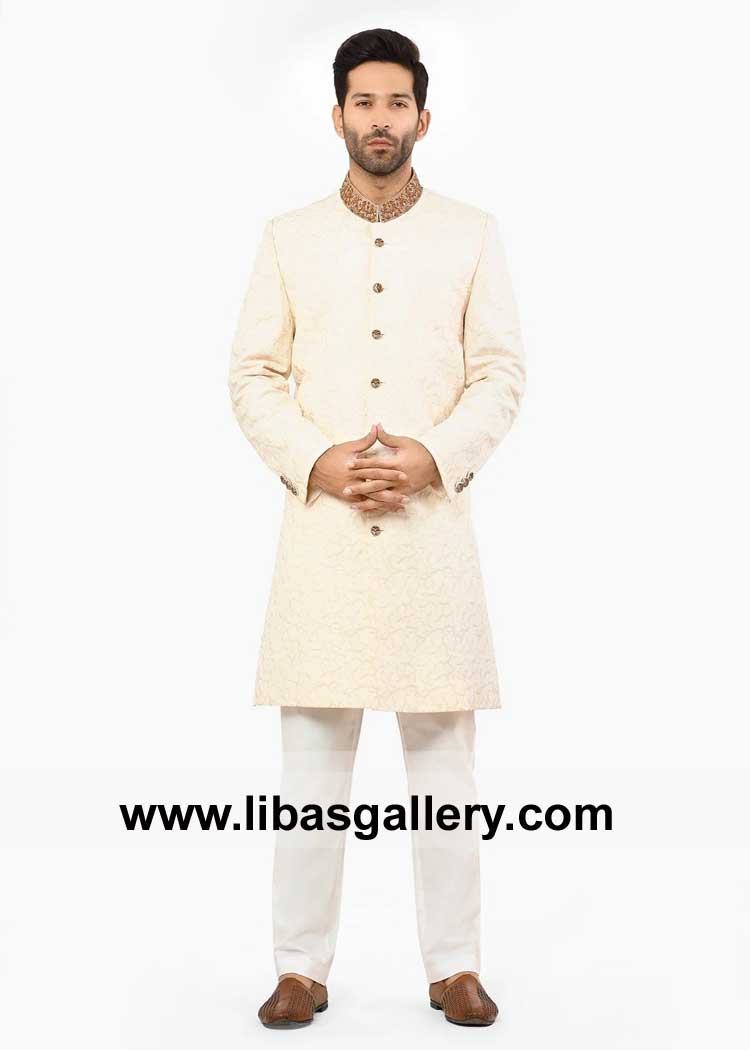 Men Cream Sherwani with Fabric Beautiful Buttons