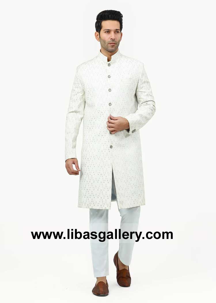 Men Regular Fit White Stylish Sherwani with Velvet piping