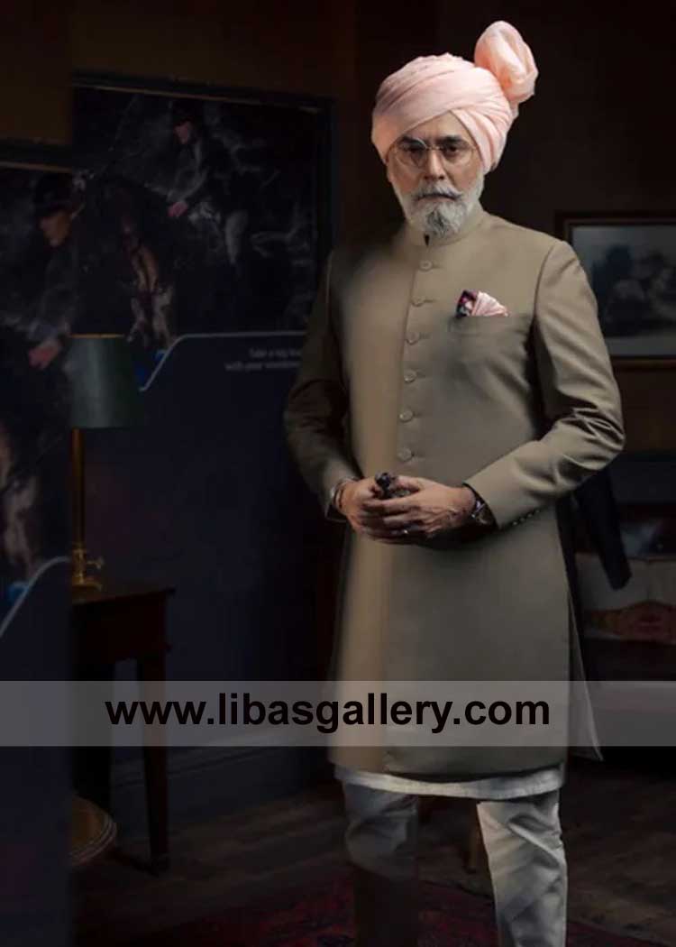Sherwani in Khaki for Groom father paired with white inner suit and bright peach Turban California New York Boston Florida USA Sherwani in Khaki for Groom father paired with white inner suit and bright peach Turban California New York Boston Florida USA