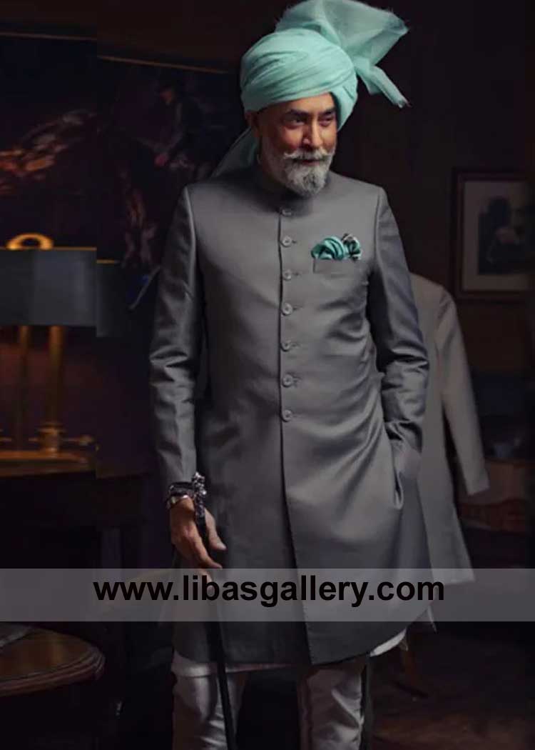 Sherwani Suit in Coral Black for Groom and Bride Father