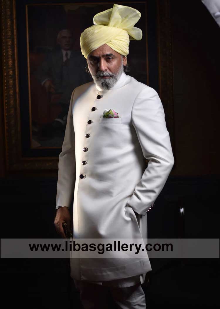 Sherwani for Groom Bride Father in Vista White Shade