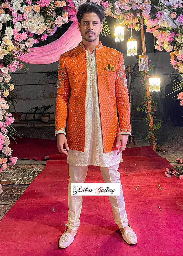 Open Style Men Embroidered Orange Sherwani Suit
