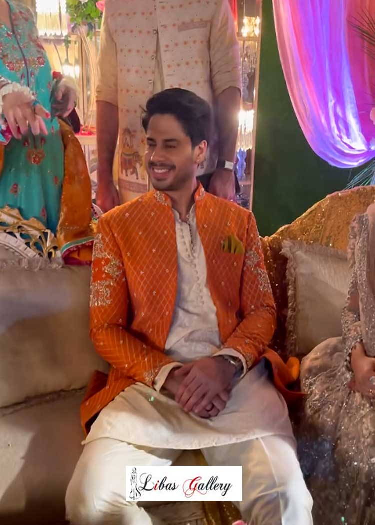 Open Style Men Embroidered Orange Sherwani Suit