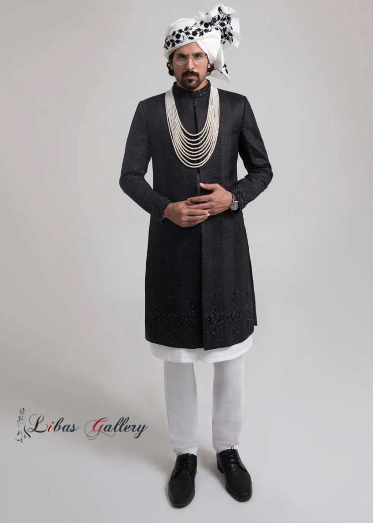 Jet Black Sherwani Style Full Embroidered