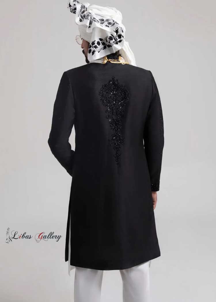 Jet Black Sherwani Style Full Embroidered