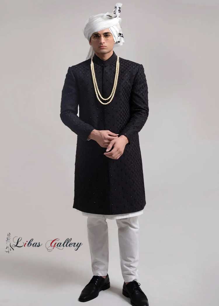 Majestic Black Embroidered Men Sherwani