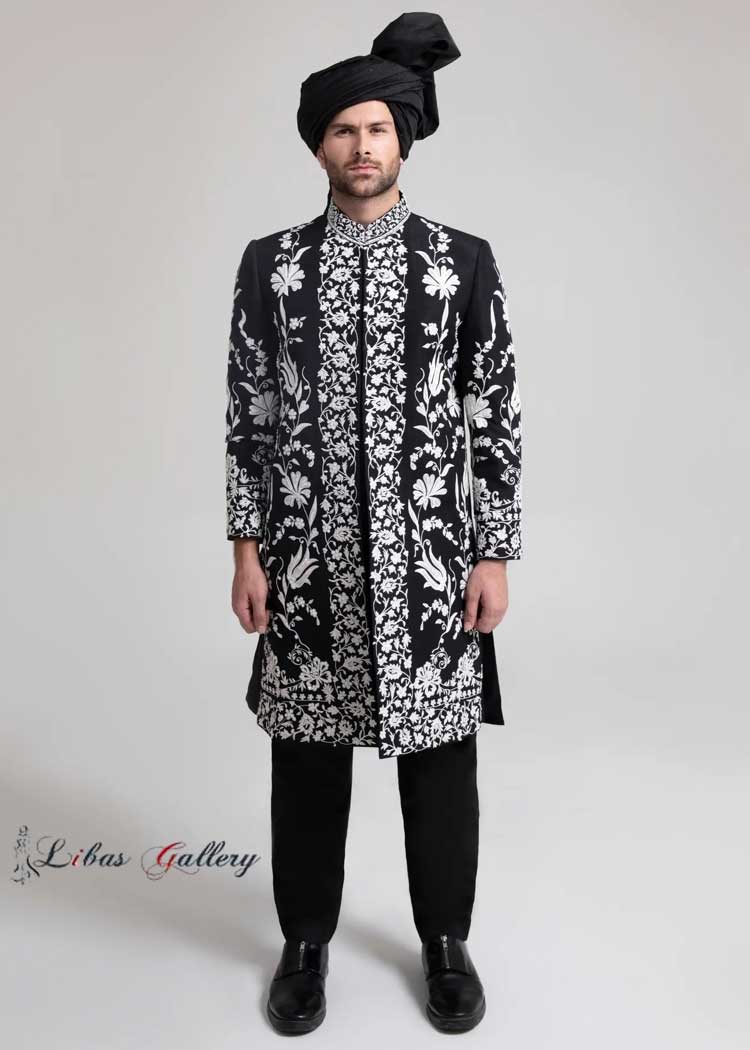 Black and White Elegant Groom Embroidered Sherwani