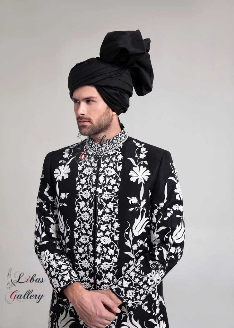 Black and White Elegant Groom Embroidered Sherwani