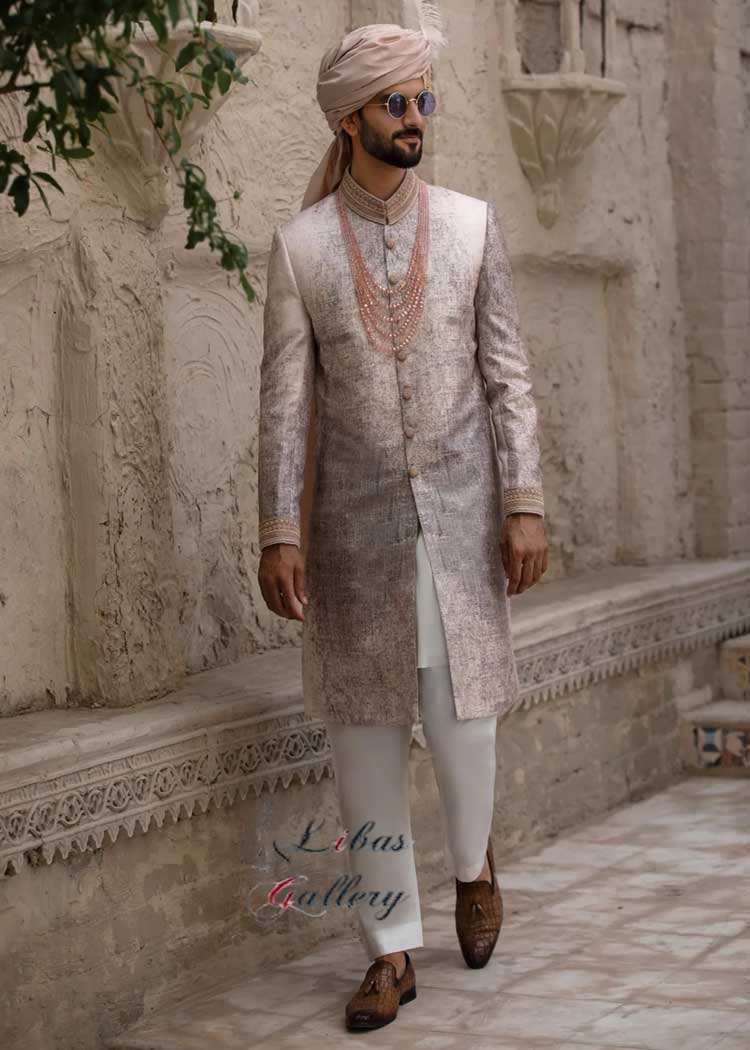 PEARL WHITE JACQUARD SHERWANI FOR GROOM