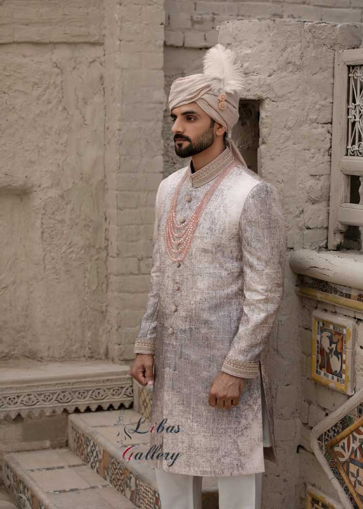 PEARL WHITE JACQUARD SHERWANI FOR GROOM