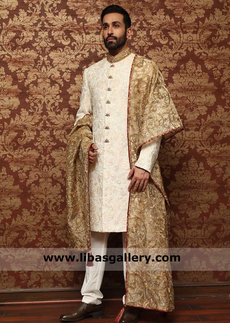 White premium jamawar wedding sherwani for groom, Majestic Nikah day sherwani with shawl, Pakistani white sherwanis UK USA Canada Dubai White premium jamawar wedding sherwani for groom, Majestic Nikah day sherwani with shawl, Pakistani white sherwanis UK USA Canada Dubai