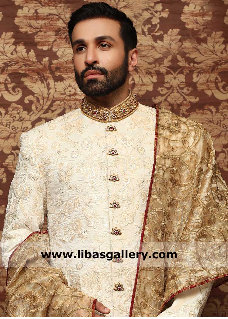 Regal Jamawar White Sherwani for Groom
