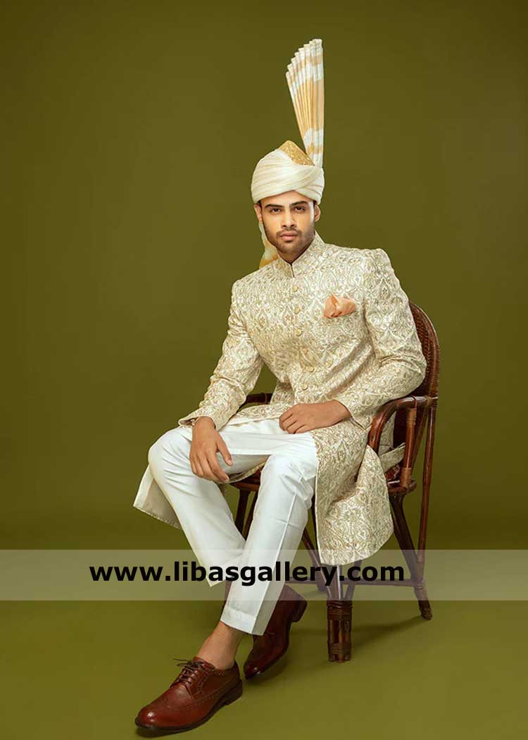 Groom heavy embroidered sherwani in Jamawar regal look, Sherwani paired with Inner suit and Atchison Kulla Groom heavy embroidered sherwani in Jamawar regal look, Sherwani paired with Inner suit and Atchison Kulla